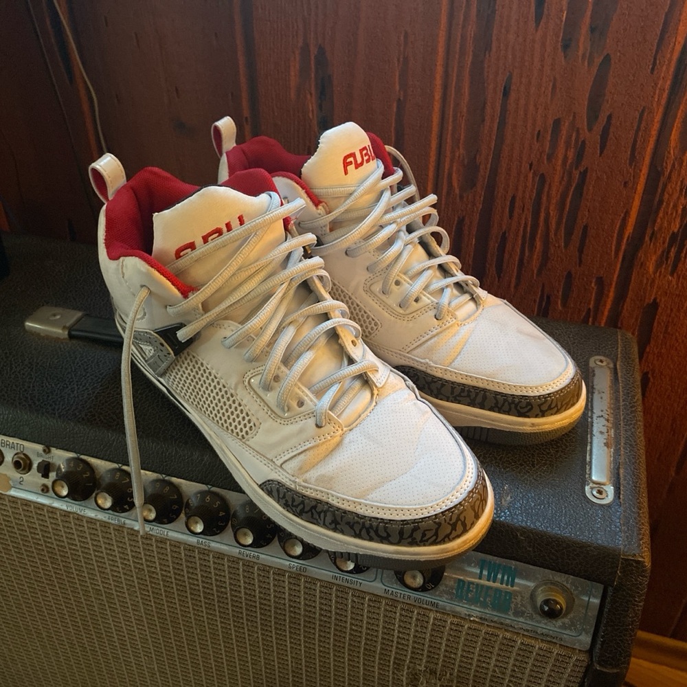 White and red fubu basketball shoes